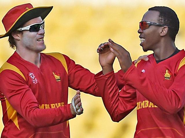 Zimbabwe bowler Wellington Masakadza celebrates the wicket of Scotland batsman Matt Machan. (PTI Photo)