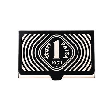 The 1-paise cardholder is a black-and-white steel case featuring the extinct 1-Paisa coin.