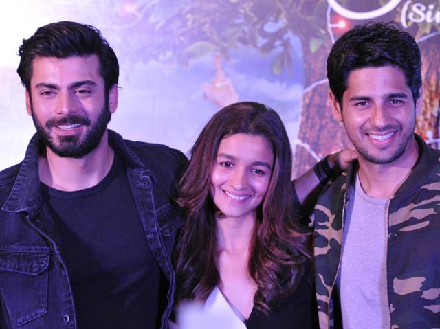 Star cast of the upcoming movie Kapoor and Sons, Alia Bhatt , Sidharth Malhotra and Fawad Khan in Chandigarh on Thursday.(Sanjeev Sharma/HT Photo)