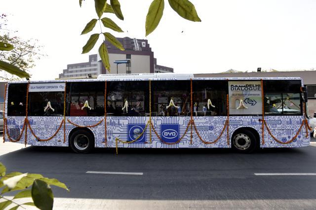 An electric bus introduced by DTC on Thursday. (Virendra Singh Gosain/ HT Photo)