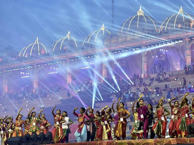 Artists perform during a rehearsal of the opening ceremony of the three-day event. (PTI Photo) 