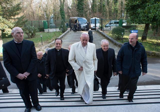 This handout picture released by the Vatican press office - Osservatore Romano -- shows Pope Francis arriving for his spiritual retreat, in Ariccia. (AFP Photo) This handout picture released by the Vatican press office - Osservatore Romano -- shows Pope Francis arriving for his spiritual retreat, in Ariccia. (AFP Photo)