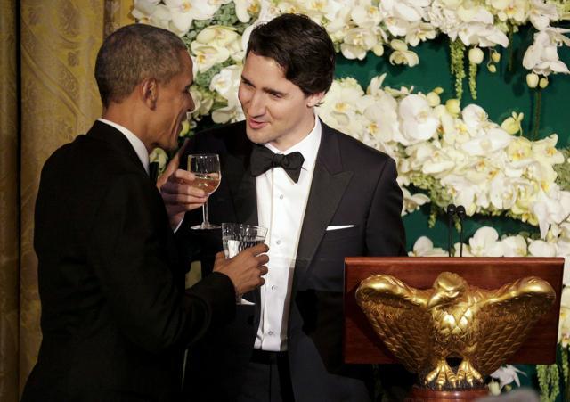 Canada PM Justin Trudeau toasts US President Barack Obama during the state dinner at the White House. (Reuters Photo) Canada PM Justin Trudeau toasts US President Barack Obama during the state dinner at the White House. (Reuters Photo)