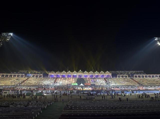 The 1,200 feet long, 200 feet wide and 40 feet high stage constructed for Art of Living’s World Culture Festival.(Ravi Choudhary/HT Photo)