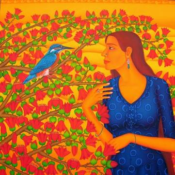 Sabia’s painting of a kingfisher looking into her eyes amid semul blooms (Sabia Khan ) Sabia’s painting of a kingfisher looking into her eyes amid semul blooms (Sabia Khan )
