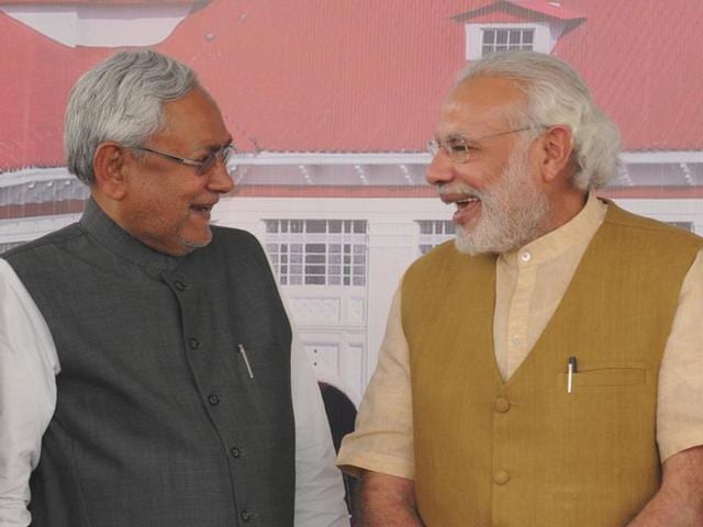Prime Minister Narendra Modi on Saturday shared the stage with Bihar Chief Minister Nitish Kumar, with whom he had traded barbs during the assembly polls in the state last year. (AP Dube/HT Photo) Prime Minister Narendra Modi on Saturday shared the stage with Bihar Chief Minister Nitish Kumar, with whom he had traded barbs during the assembly polls in the state last year. (AP Dube/HT Photo)