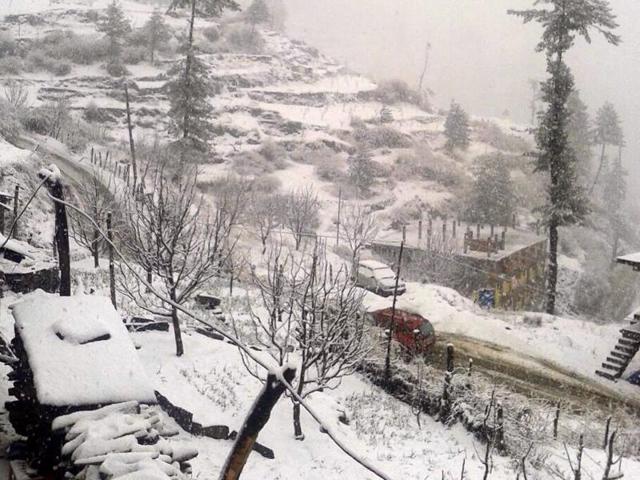 Fresh snowfall in Kotkhai, Shimla district , on Saturday. (HT Photo)