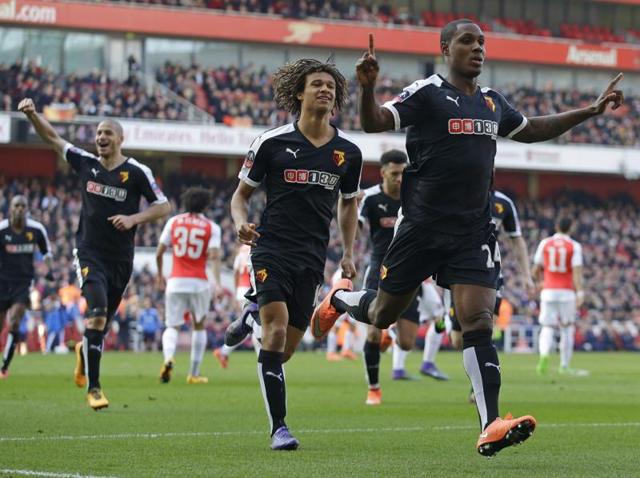 Watford's Odion Ighalo, right, celebrates scoring his side's first goal with Nathan Ake and Adlene Guedioura. (AP Photo) Watford's Odion Ighalo, right, celebrates scoring his side's first goal with Nathan Ake and Adlene Guedioura. (AP Photo)