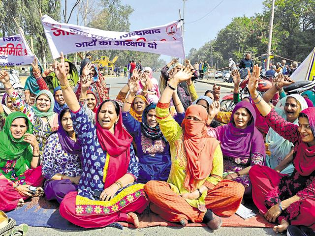 File photo of the Jat community members blocking the old Delhi-Gurgaon road during their agitation for reservation in February, 2016.(Parveen Kumar / HT Photo)
