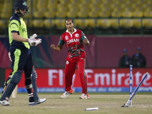 Ireland's Kevin O'Brien is bowled out by Oman's Munis Ansari during the ICC World Twenty20 2016.(AP Photo) Ireland's Kevin O'Brien is bowled out by Oman's Munis Ansari during the ICC World Twenty20 2016.(AP Photo)