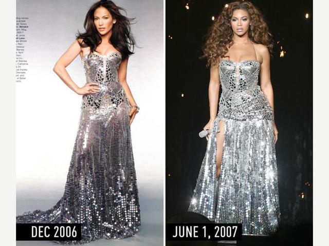 Mirrored, silver gown and long, loose hair: JLo in the December 2006 issue of Harper’s Bazaar. Beyonce performing during her UK tour on June 1, 2007. (Pinterest) Mirrored, silver gown and long, loose hair: JLo in the December 2006 issue of Harper’s Bazaar. Beyonce performing during her UK tour on June 1, 2007. (Pinterest)
