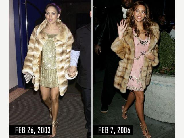 Beige fur coat with sparkly minidress, strappy sandals, and hoop earrings. JLo at the London premiere of Maid in Manhattan on Feb 26, 2003. Beyonce arriving at TRL at MTV Studios in NYC on Feb 7, 2006. (Pinterest) Beige fur coat with sparkly minidress, strappy sandals, and hoop earrings. JLo at the London premiere of Maid in Manhattan on Feb 26, 2003. Beyonce arriving at TRL at MTV Studios in NYC on Feb 7, 2006. (Pinterest)