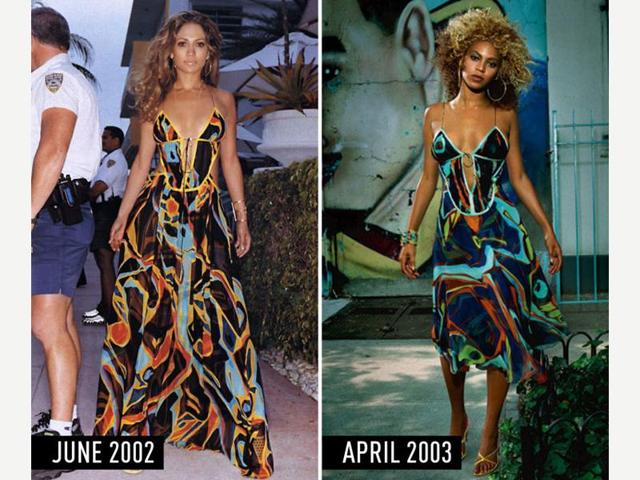 Sheer, abstract-print, multicolor dress with big hair and gold hoops: JLo in the June 2002 issue of Elle. Beyonce in the April 2003 issue of Complex. (Pinterest) Sheer, abstract-print, multicolor dress with big hair and gold hoops: JLo in the June 2002 issue of Elle. Beyonce in the April 2003 issue of Complex. (Pinterest)