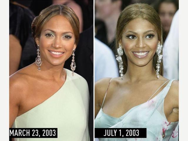 Pale white dress, diamond statement earrings, a center part, and lots of lashes: JLo at the Academy Awards on March 23, 2003. Beyonce at the London premiere of Charlie’s Angels: Full Throttle on July 1, 2003. (Pinterest) Pale white dress, diamond statement earrings, a center part, and lots of lashes: JLo at the Academy Awards on March 23, 2003. Beyonce at the London premiere of Charlie’s Angels: Full Throttle on July 1, 2003. (Pinterest)