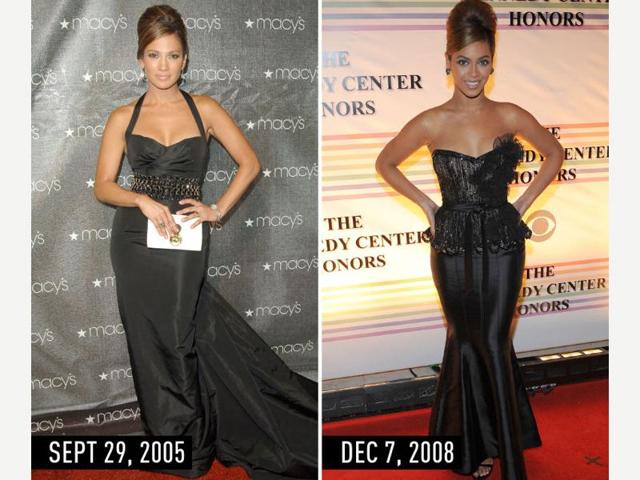 Curve-hugging black gown and a beehive: JLo at the Macy’s Passport Event on Sept 29, 2005. Beyonce at the Kennedy Center on Dec 7, 2008. (Pinterest) Curve-hugging black gown and a beehive: JLo at the Macy’s Passport Event on Sept 29, 2005. Beyonce at the Kennedy Center on Dec 7, 2008. (Pinterest)