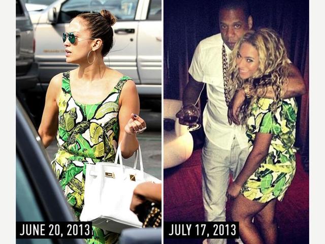 Palm prints. JLo shopping in Hollywood, California, on June 20, 2013. Beyonce on Instagram on July 17, 2013. (Pinterest) Palm prints. JLo shopping in Hollywood, California, on June 20, 2013. Beyonce on Instagram on July 17, 2013. (Pinterest)