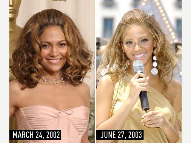 Big hair with brushed-back bangs, a neutral dress, and frosty pink lipstick: JLo at the Academy Awards on March 24, 2002. Beyonce performing on The Early Show on CBS on June 27, 2003. (Pinterest) Big hair with brushed-back bangs, a neutral dress, and frosty pink lipstick: JLo at the Academy Awards on March 24, 2002. Beyonce performing on The Early Show on CBS on June 27, 2003. (Pinterest)