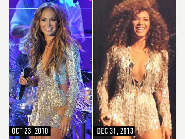 Metallic fringe mini with long sleeves and a low-cut neckline. JLo performing in Beverly Hills, California, on Oct 23, 2010. Beyoncé performing at the Wynn in Las Vegas on Dec 31, 2013. (Pinterest) Metallic fringe mini with long sleeves and a low-cut neckline. JLo performing in Beverly Hills, California, on Oct 23, 2010. Beyoncé performing at the Wynn in Las Vegas on Dec 31, 2013. (Pinterest)