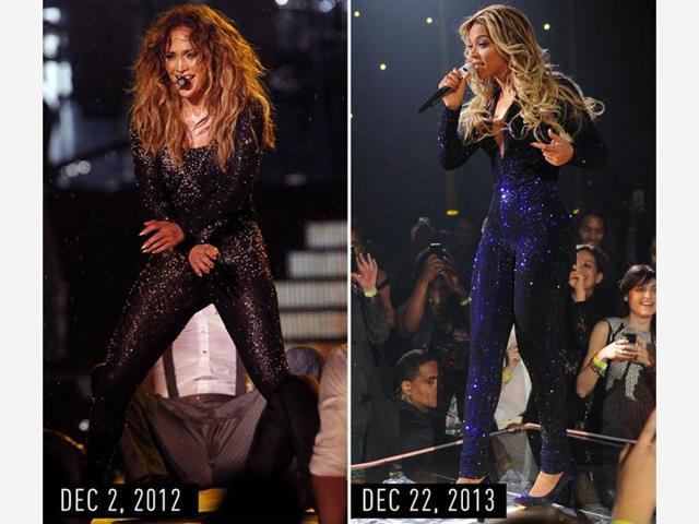 Glittery long-sleeve catsuit with smoky eye makeup and big, wavy hair: JLo performing during her Dance Again world tour in Kuala Lumpur on Dec 2, 2012. Beyonce performing during her The Mrs. Carter Show world tour at the Barclays Center in New York City on De. 22, 2013. (Pinterest) Glittery long-sleeve catsuit with smoky eye makeup and big, wavy hair: JLo performing during her Dance Again world tour in Kuala Lumpur on Dec 2, 2012. Beyonce performing during her The Mrs. Carter Show world tour at the Barclays Center in New York City on De. 22, 2013. (Pinterest)
