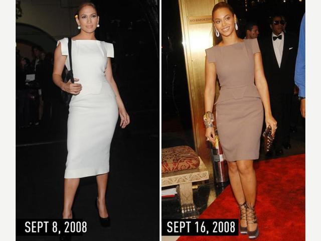 Structured day-dress with slicked-back hair and pave diamond earrings: JLo at the Marc Jacobs fashion show on Sept 8, 2008. Beyonce at the New Yorkers for Children Gala on Sept 16, 2008. (Pinterest) Structured day-dress with slicked-back hair and pave diamond earrings: JLo at the Marc Jacobs fashion show on Sept 8, 2008. Beyonce at the New Yorkers for Children Gala on Sept 16, 2008. (Pinterest)