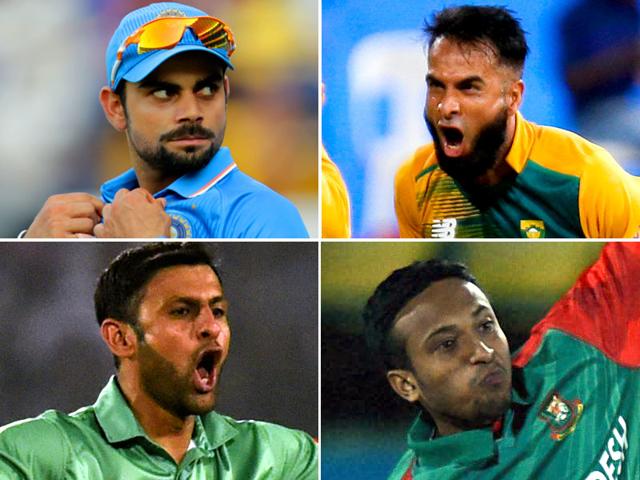 From top left, clockwise: Virat Kohli, Imran Tahir, Shakib Al Hasan, and Shoaib Malik. From top left, clockwise: Virat Kohli, Imran Tahir, Shakib Al Hasan, and Shoaib Malik.