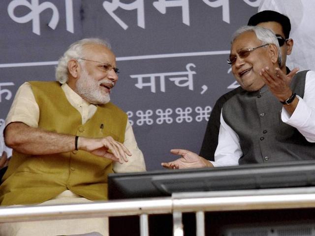 Prime Minister Narendra Modi with Bihar chief minister Nitish Kumar in Hajipur on Saturday. (PTI Photo) Prime Minister Narendra Modi with Bihar chief minister Nitish Kumar in Hajipur on Saturday. (PTI Photo)