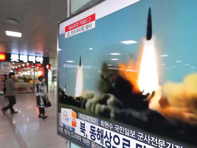 A television screen at the Seoul Railway Station shows file footage of a missile launch conducted by North Korea. Two short-range ballistic missiles were fired into the sea by the Pyongyang administration on March 10, escalating tensions in the Korean peninsula.(File photo/ AP) A television screen at the Seoul Railway Station shows file footage of a missile launch conducted by North Korea. Two short-range ballistic missiles were fired into the sea by the Pyongyang administration on March 10, escalating tensions in the Korean peninsula.(File photo/ AP)