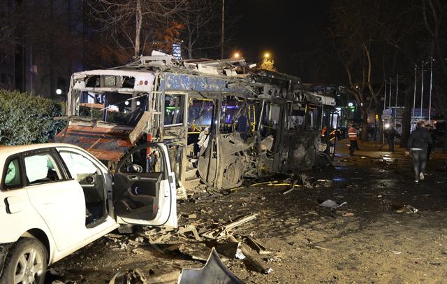 Damaged vehicles are seen at the scene of an explosion in Ankara. (AP Photo) Damaged vehicles are seen at the scene of an explosion in Ankara. (AP Photo)