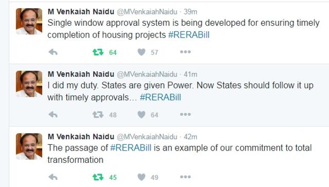 Soon after the real estate bill was passed in the Lok Sabha, urban development minister M Venkaiah Naidu tweeted ‘the passage of #RERABill is an example of our commitment to total transformation’. Soon after the real estate bill was passed in the Lok Sabha, urban development minister M Venkaiah Naidu tweeted ‘the passage of #RERABill is an example of our commitment to total transformation’.