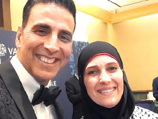 Akshay Kumar with Palestinian teacher Hanan Al Hroub. Akshay Kumar with Palestinian teacher Hanan Al Hroub.