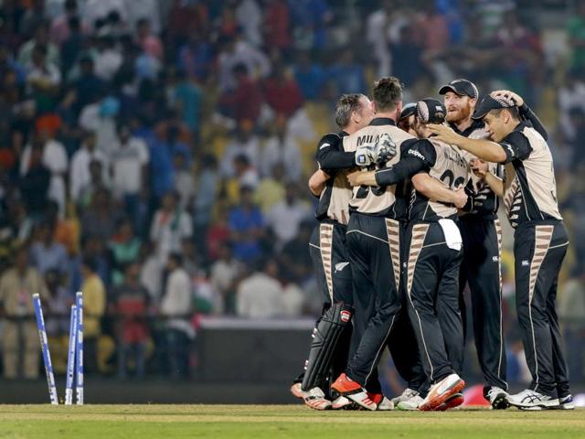 New Zealand players celebrate after their 47-run win. (AP Photo) New Zealand players celebrate after their 47-run win. (AP Photo)