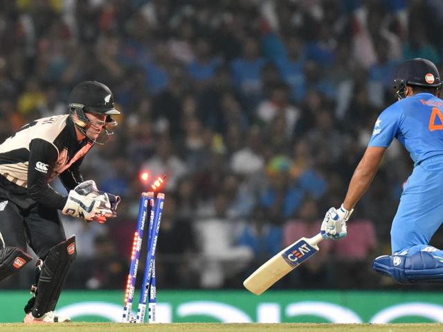 Luke Ronchi of New Zealand gets Rohit Sharma stumped. (Pratham Gokhale/HT Photo) Luke Ronchi of New Zealand gets Rohit Sharma stumped. (Pratham Gokhale/HT Photo)