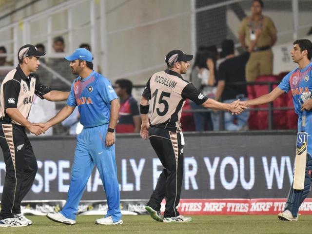 Players of New Zealand and India greet shake hands after the match. (Pratham Gokhale/HT Photo) Players of New Zealand and India greet shake hands after the match. (Pratham Gokhale/HT Photo)