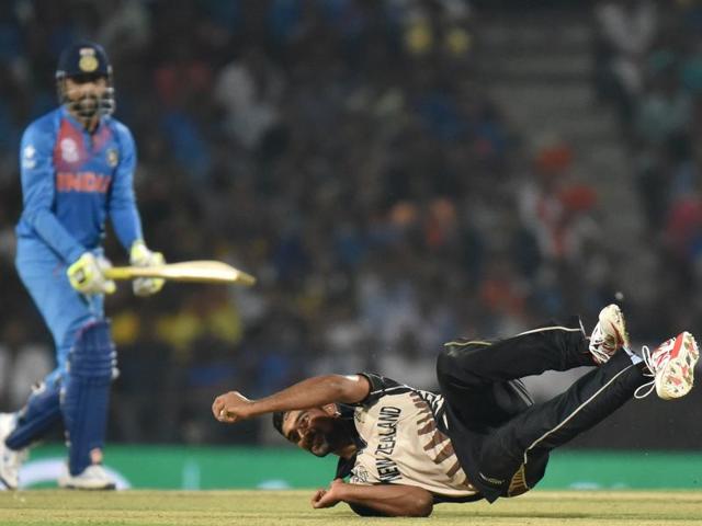 Ish Sodhi takes a great catch to dismiss Ravindra Jadeja. (Pratham Gokhale/HT Photo) Ish Sodhi takes a great catch to dismiss Ravindra Jadeja. (Pratham Gokhale/HT Photo)