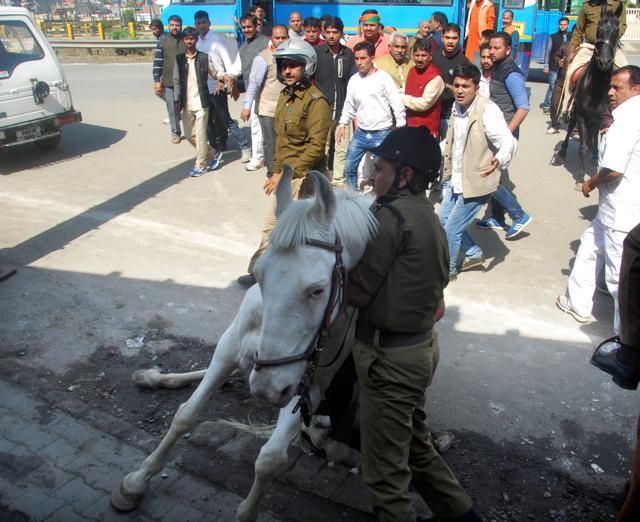 Police horse Shaktimaan got his leg fractured during a BJP rally at Vidhansabha in Dehradun. (Vinay Santosh Kumar/HT Photo) Police horse Shaktimaan got his leg fractured during a BJP rally at Vidhansabha in Dehradun. (Vinay Santosh Kumar/HT Photo)