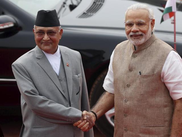 India’s Prime Minister Narendra Modi with his Nepalese counterpart Khadga Prasad Sharma Oli (left) during Oli’s visit to India in February this year. (REUTERS FILE) India’s Prime Minister Narendra Modi with his Nepalese counterpart Khadga Prasad Sharma Oli (left) during Oli’s visit to India in February this year. (REUTERS FILE)