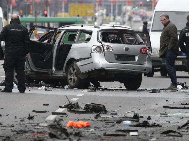 An exploded car sits on a street in Berlin, eastern Germany. (AP) An exploded car sits on a street in Berlin, eastern Germany. (AP)
