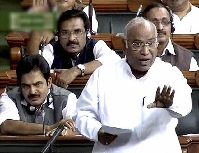 Congress leader Mallikarjun Kharge speaks in the Lok Sabha in New Delhi on Monday. (PTI Photo) Congress leader Mallikarjun Kharge speaks in the Lok Sabha in New Delhi on Monday. (PTI Photo)