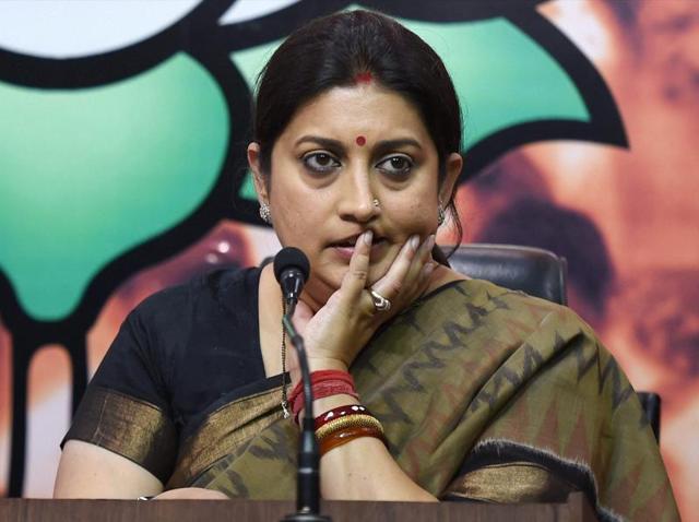 Union HRD minister Smriti Irani at a press conference at BJP headquarters in New Delhi on Tuesday.(PTI)