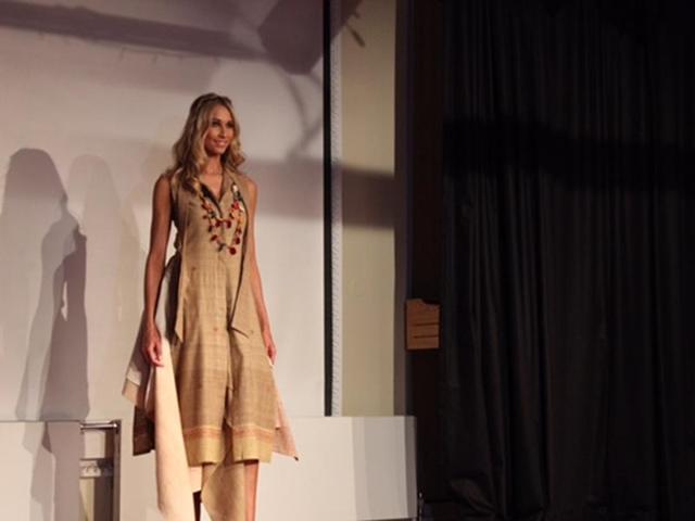 Shillong-based entrepreneur Syiem received a standing ovation at the end of the fashion show that highlighted a range of chemical-free contemporary designs with clean lines, drapes, silhouettes, unique bows and distinctive necklines. (Prasun Sonwalkar/HT Photo) 