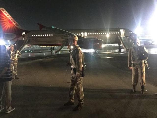 Visuals of the Air India flight whose tyre burst last night at Mumbai airport during landing (ANI) Visuals of the Air India flight whose tyre burst last night at Mumbai airport during landing (ANI)