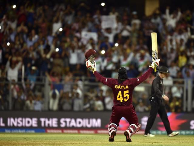 Chris Gayle reacts after scoring a century as spectators take pictures with their phones during the World T20 match against England at the Wankhede Stadium in Mumbai on March 16, 2016. (Arijit Sen/HT Photo) Chris Gayle reacts after scoring a century as spectators take pictures with their phones during the World T20 match against England at the Wankhede Stadium in Mumbai on March 16, 2016. (Arijit Sen/HT Photo)