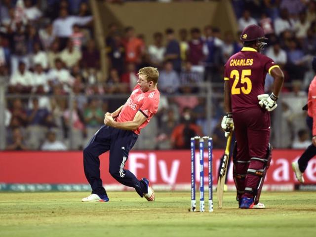 David Willey celebrates after taking the wicket of Johnson Charles. (Arijit Sen/HT Photo) David Willey celebrates after taking the wicket of Johnson Charles. (Arijit Sen/HT Photo)