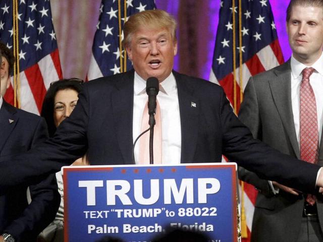 Republican presidential candidate Donald Trump speaks to supporters at his primary election night event at his Mar-a-Lago Club in Palm Beach, Florida. (AP Photo) Republican presidential candidate Donald Trump speaks to supporters at his primary election night event at his Mar-a-Lago Club in Palm Beach, Florida. (AP Photo)