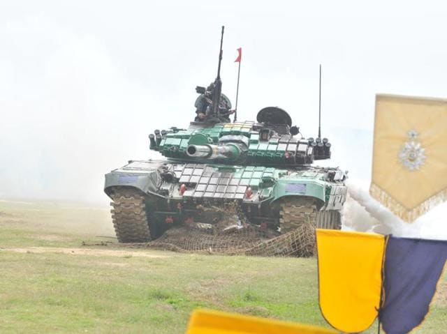 A tank crushing a bunker during the army exhibition. (Pardeep Pandit/HT Photo)