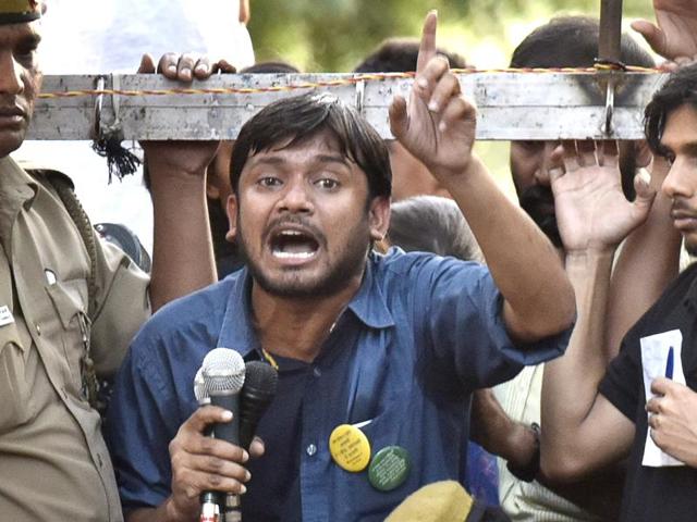 NUSU president Kanhaiya Kumar, speaks the gathering after the march from Mandi House to Parliament. (Vipin Kumar/HT Photo) NUSU president Kanhaiya Kumar, speaks the gathering after the march from Mandi House to Parliament. (Vipin Kumar/HT Photo)