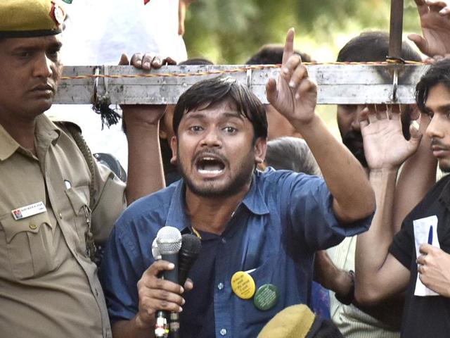 New Delhi, India - March 15, 2016: Kanhaiya Kumar JNUSU president speaks the gathering after the march from Mandi House to Parliament today to demand the release of Umar Khalid and Anirban Bhattacharya in New Delhi, India, on Tuesday, March 15, 2016. (Photo by Vipin Kumar/ Hindustan Times) (Hindustan Times) New Delhi, India - March 15, 2016: Kanhaiya Kumar JNUSU president speaks the gathering after the march from Mandi House to Parliament today to demand the release of Umar Khalid and Anirban Bhattacharya in New Delhi, India, on Tuesday, March 15, 2016. (Photo by Vipin Kumar/ Hindustan Times) (Hindustan Times)