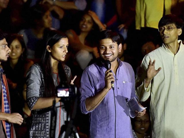 Kanhaiya Kumar JNUSU president speaks the gathering after the march from Mandi House to Parliament today to demand the release of Umar Khalid and Anirban Bhattacharya in New Delhi (Vipin Kumar/ Hindustan Times) Kanhaiya Kumar JNUSU president speaks the gathering after the march from Mandi House to Parliament today to demand the release of Umar Khalid and Anirban Bhattacharya in New Delhi (Vipin Kumar/ Hindustan Times)