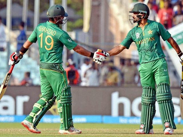 Ahmed Shehzad celebrates his half century with teammate Mohammad Hafeez during World Cup T20I match. (PTI Photo) Ahmed Shehzad celebrates his half century with teammate Mohammad Hafeez during World Cup T20I match. (PTI Photo)