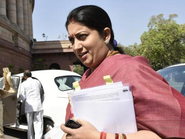 Union HRD minister Smriti Irani at Parliament House in New Delhi. (HT File Photo) Union HRD minister Smriti Irani at Parliament House in New Delhi. (HT File Photo)
